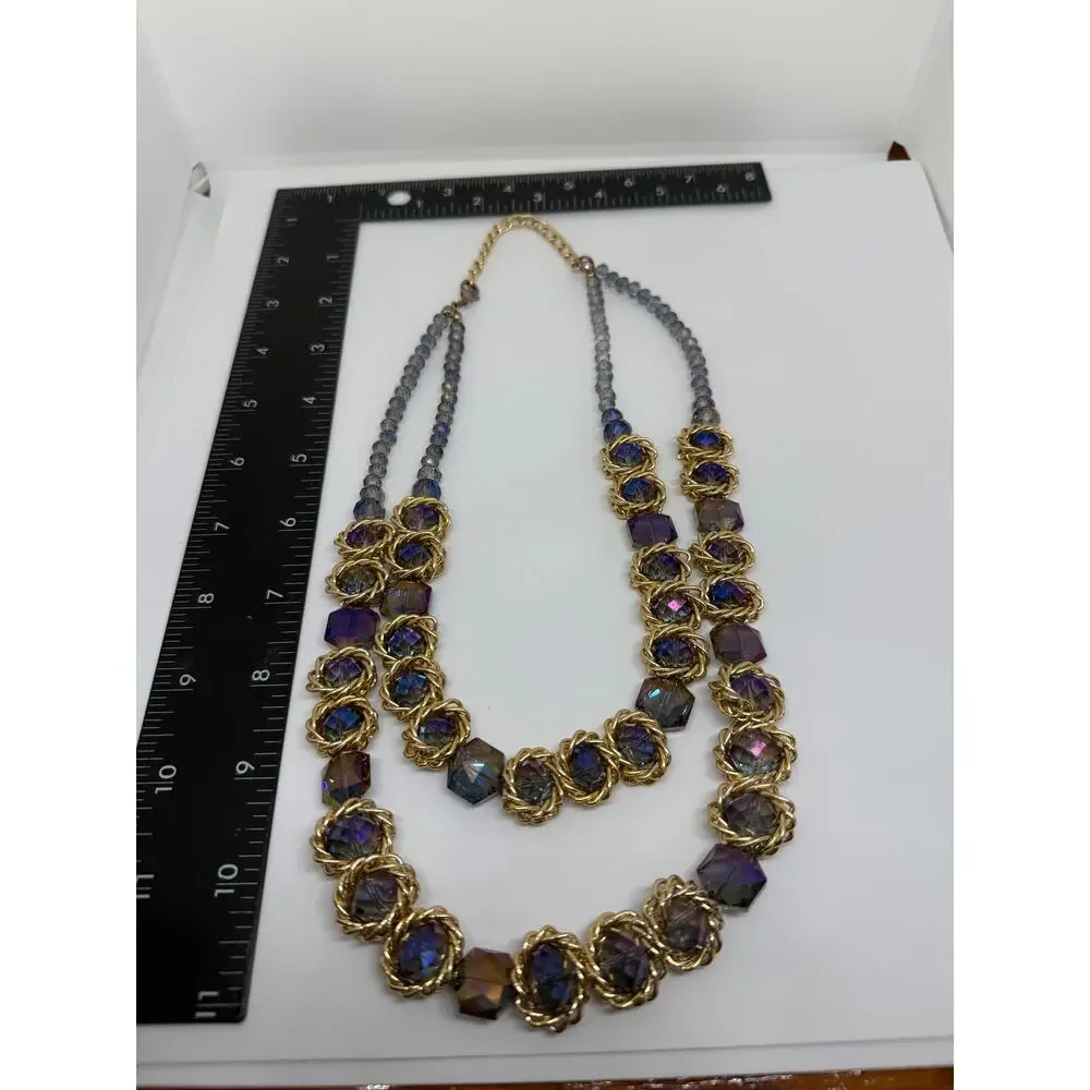 Purple Iridescent Statement Necklace Gold Tone Double Strand Faceted Glass Beads